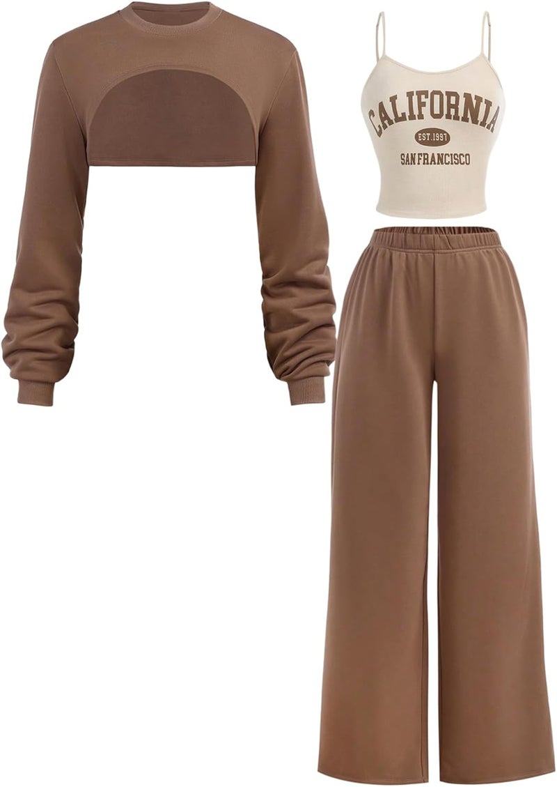 OYOANGLE Girl's Sweatsuit Set Letter Graphic Cami Top and High Low Hem Sweatshirt with Sweatpants Set Tracksuits - Image 1